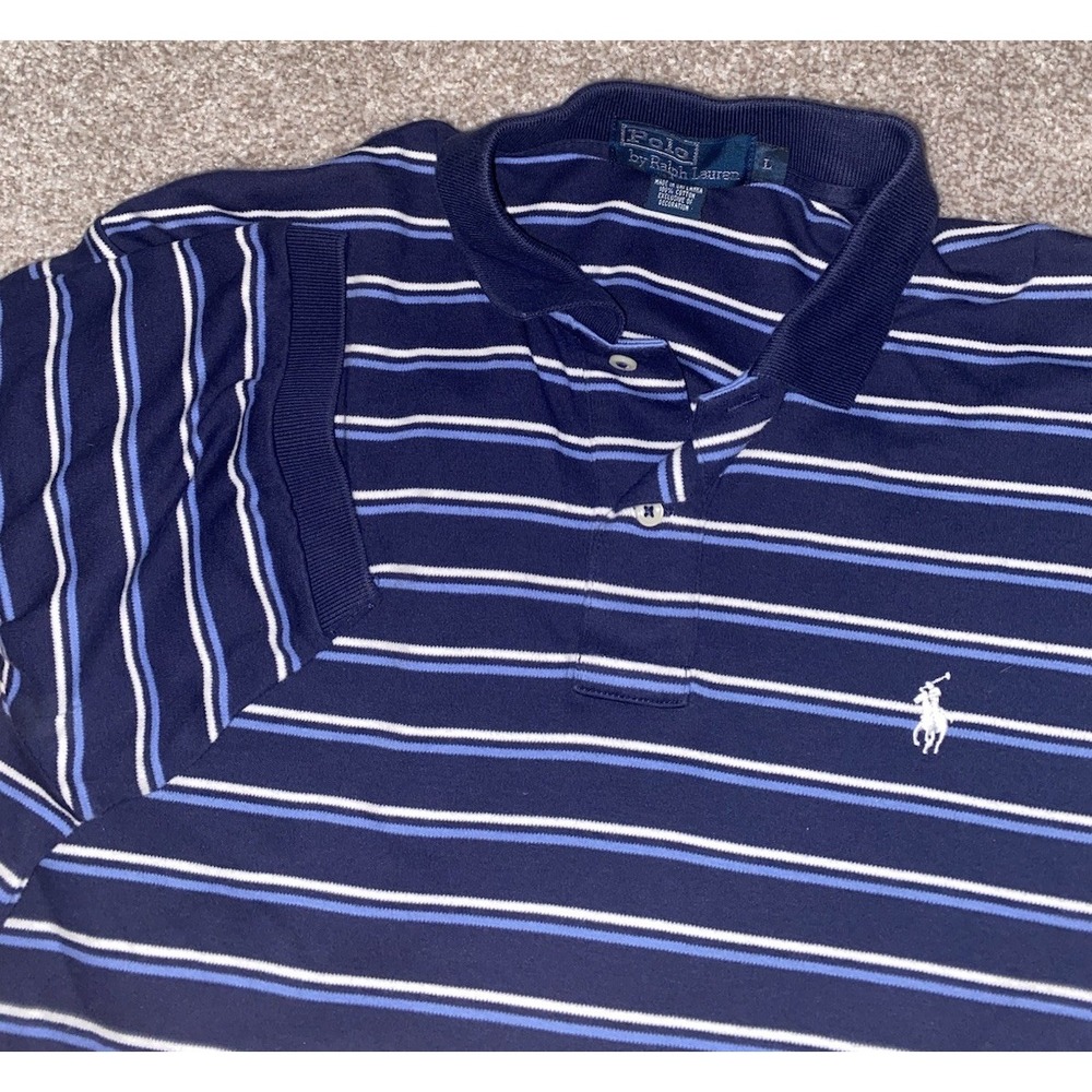 POLO Ralph Lauren Golf Men Soft Cotton Short Sleeve Blue Striped Pony Shirt L